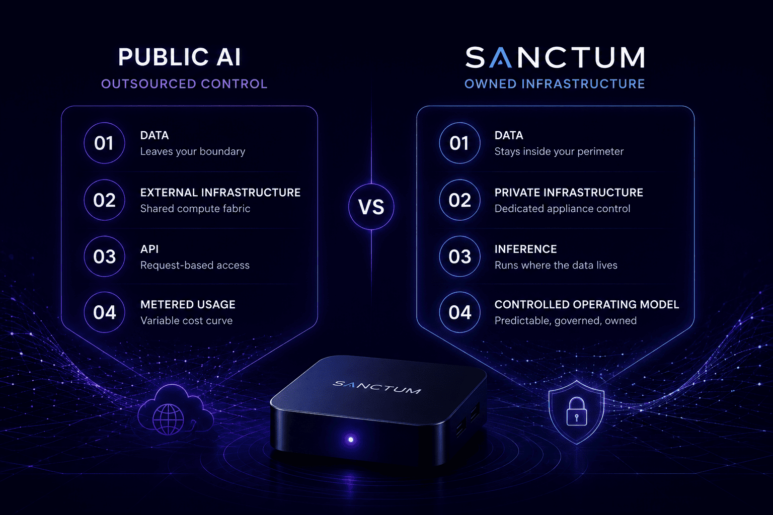 Public AI outsourced control compared with SANCTUM owned infrastructure
